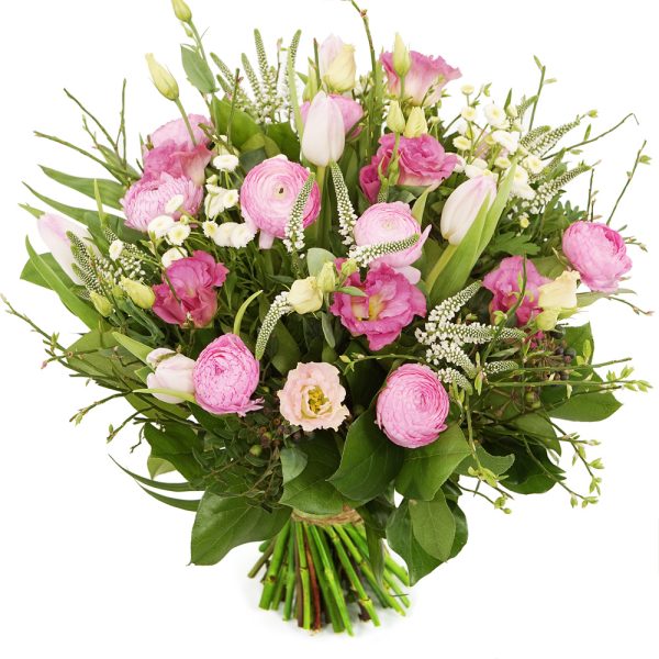 Voorjaarsboeket roze tulpen en ranonkels
