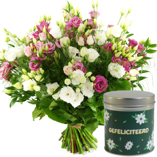 Boeket eustoma&apos;s + blikje gefeliciteerd snoep