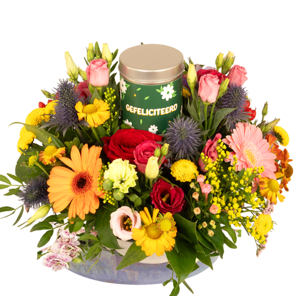 Biedemeier bont met gefeliciteerd blikje snoep