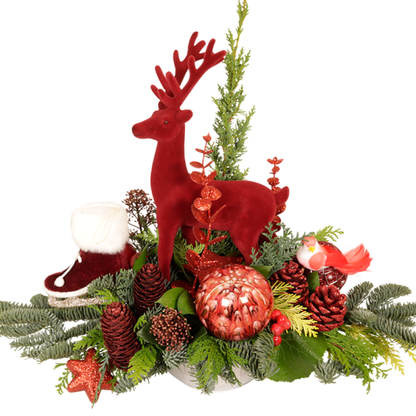 Kerststuk met rood fluweel hert